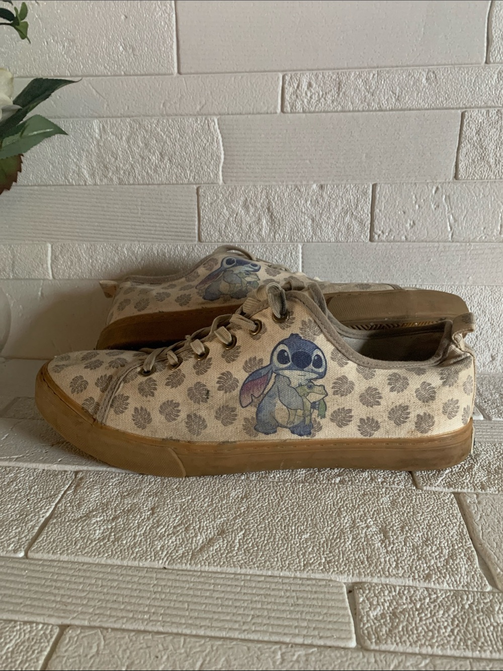 Disney Beige Canvas Sneakers with Blue Stitch Graphic
